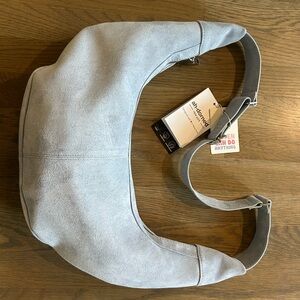 NWT Ah-dorned Sling Handbag in Pale Blue Vegan Faux Suede Silver Accents